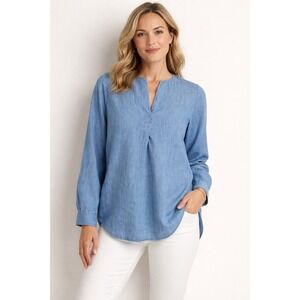 Talbots Blue Chambray Popover Tunic Womens L Large Mandarin V Neck Long Sleeve